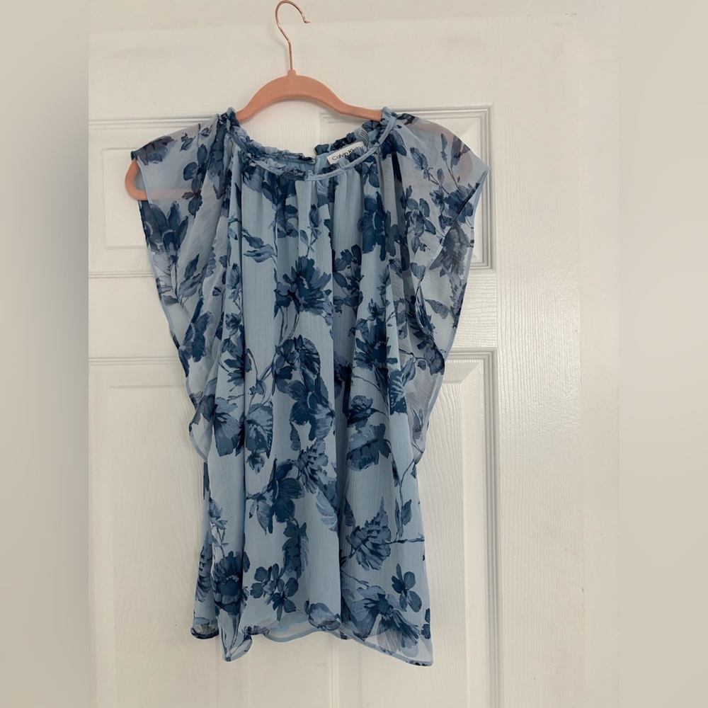 Calvin Klein Blue Floral Sheer Blouse